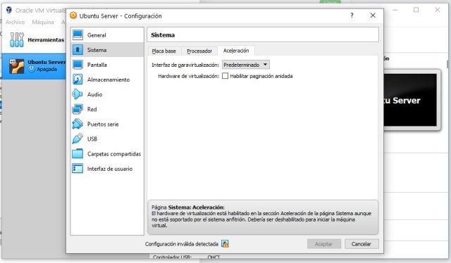 Configuración inválida detectada